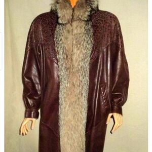 STUNNING SOFT GENUINE LAMB LEATHER STROLLER COAT~GENUINE INDIGO FOX FUR ~ LRG/XL